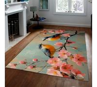 Via Vela Asian Style 180x240cm Tapis for Chambre Japanese Machine Lavable carpette Romantic Pink Cherry Blossoms Cute Bird Motif Descente de lit Soft Bas Poil Floor Retro with antiderapant Backing