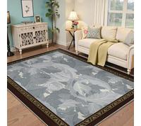 Via Vela Carpette Florale Traditionnelle 80x150cm Bleu atténué Feuille d'acanthe Bord Marron Lavable Salon Chambre transitionnel Fin Dos Caoutchouc Grand