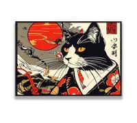 Via Vela Chat japonais Toile Art mural Style samouraï Peinture animale Ukiyo-e Impressions Affiches esthétiques modernes pour salon Chambre Bureau Décor 80x120cm avec cadre noir