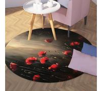 Via Vela De Grands Tapis lavables de Style Vintage 120cm - Soleil du Matin Rêve Fleur Rouge Motif Tapis Rond Mince antidérapant à Poils Ras pour l’intérieur et l’extérieur