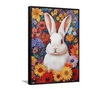 Via Vela Lapin et Marguerite Fleurs Toile Art Mural Blanc Lapin Photo Affiche Peinture Floral Animal Coloré Oeuvre Impression pour Décor de Chevet 80x120cm avec Cadre Noir