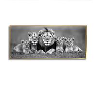 Via Vela Lion Famille Toile Art Mural Faune Noir Blanc Impressions Moderne Safari Animaux Oeuvre Grande Affiche Peinture Pour Salon Bureau Décor 50x126cm Avec Cadre Doré
