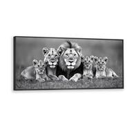Via Vela Lion Famille Toile Art Mural Faune Noir Blanc Impressions Moderne Safari Oeuvre D’animaux Grande Affiche Peinture pour Salon Bureau Décor 50x126cm avec Cadre Noir