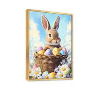 Via Vela Mignon lapin de Pâques toile art mural panier d’oeufs affiches peinture printemps images florales impressions d’œuvres d’art lapin ludique pour décor de couloir 80x120cm avec cadre doré