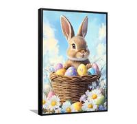 Via Vela Mignon lapin de Pâques toile Art mural panier d’oeufs Affiches peinture printemps photos florales impressions d’œuvres d’art Lapin ludique pour décor de couloir 60x92cm avec cadre noir