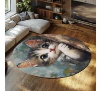 Via Vela Mignon thème Animal de Compagnie Grands Tapis Ronds 80cm Mignon Kawaii Chat Motif Tapis Mince Lavable antidérapant pour Salle de Classe vestiaire Jeux décors Tapis