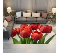 Via Vela Minimalist White 60x90cm Tapis Red Tulip Motif Small carpette for Salon Chambre Cuisine Romanticism Machine Lavable antiderapant Throw Descente de lit Entree Coffee Table Moderne