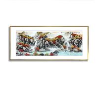 Via Vela Paysage chinois Toile Art mural Montagne rivière paysage murale Peinture de nature traditionnelle Feng Shui Décor Impressions pour salon décor 30x76cm avec cadre doré