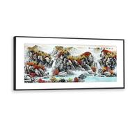 Via Vela Paysage chinois Toile Wall Art Montagne Rivière Paysage Murale Peinture de Nature Traditionnelle Feng Shui Décor Impressions pour Salon Décor 30x76cm avec Cadre Noir