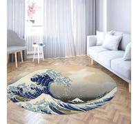 Via Vela Paysage Japonais Lavable Antidérapant Rond Tapis 120cm The Wave Off Kanagawa Print Non-Slip Large Circle Carpet pour Salle d’étude Salle à Manger