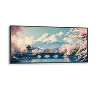 Via Vela Paysage japonais Toile Mural Art Mont Fuji Cerisier Fleur Paysage Oeuvre Impressions Grands Posters Modernes Peinture pour Salon Décor 40x101cm avec Cadre Noir