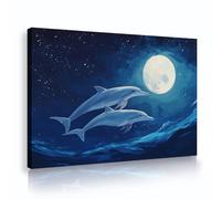 Via Vela Peinture murale sur toile marine Imprimés océaniques au clair de lune Dauphin Œuvres d’art Affiche du ciel nocturne Peinture pour salon chambre Chambre Nursery Décoration du bureau 20x30cm