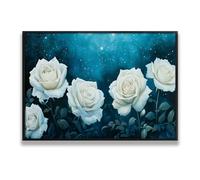 Via Vela Rose blanche Grande toile Art mural Floraison Peinture florale Moderne Fleur Oeuvre Affiche Bleu Ciel étoilé Impressions Murale pour salon Décor 80x120cm avec cadre noir
