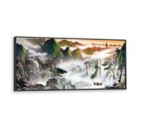 Via Vela Style chinois Paysage Toile Art mural Panoramique Nature Peinture Impressions Asiatique Montagne Rivière Paysage Murale pour Salon Bureau Décor 50x126cm avec cadre noir