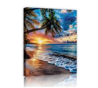 Via Vela Tableau mural de plage de coucher de soleil tropical Palmiers Ciel doré Vagues de l’océan Affiche de paysage Fresque côtière Décoration du salon 45x60cm
