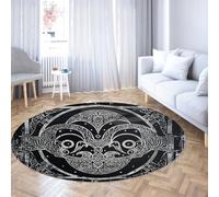 Via Vela Tapis 150cm Ronds Nordiques lavables Vikings Totem Tribal carpette circulaires Mythologie Motif de Corbeau Hibou Géométrie Abstraite Descente lit Sol pour Salon Chambre Bureau à du