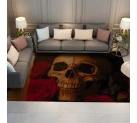 Via Vela Tapis 160x200cm de Style Gothique pour Salon carpette antidérapants romantiques Sombres Descente lit lavables Motif Fleuri Rose en Forme crâne Rouge et Noir Grande Taille résistant aux la
