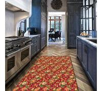 Via Vela Tapis de Chemin lavables de Style Antique 80x350cm Couloir rétro Motif Pivoine avec Support en Caoutchouc Tapis Mince à Poils Ras pour l’entrée de la buanderie