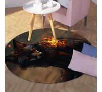 Via Vela Tapis Rond de Style Animalier 160cm Mystérieux Loup brûlant imprimé Antidérapant intérieur Lavable Grand jeté Cercle Tapis pour vestiaire Appartement Bureau