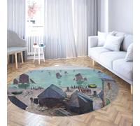 Via Vela Tapis Rond de Style impressionniste 100cm Bateaux de Plage au départ du Port Imprimer Tapis de Sol antidérapant pour Salon Chambre à Coucher Porche dortoir