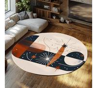 Via Vela Tapis Rond de Style Neutre 120cm Abstrait géométrique Soleil et étoiles antidérapant Tapis Lavable en Machine Tapis de Sol pour Salon Porche dortoir décor