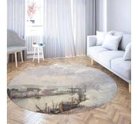 Via Vela Tapis Rond Lavable en Machine 80cm Coucher de Soleil Le Port de Rouen Bateaux à Vapeur Imprimer Tapis Circulaire de Sol à Poils Ras antidérapants pour Chambre Salle de conférence