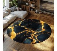 Via Vela Tapis Ronds à Motif de marbre 160cm - Noir Or Agate craquelé imprimé Tapis Lavable antidérapant à Poils Ras pour canapé entrée Bureau