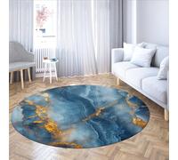 Via Vela Tapis Ronds de Style Classique Moderne 200cm - Bleu Or Abstrait marbre Texture Liquide antidérapant à Poils Ras Mince Tapis pour la décoration de la Maison de Salon