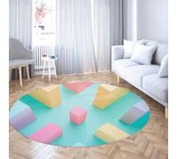 Via Vela Tapis Ronds de Style géométrique 80cm Motif rectangulaire coloré Lavable antidérapant Pliable Mince Cercle Tapis pour Chambre à Manger