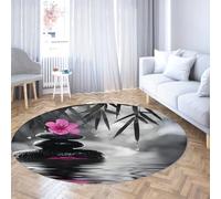 Via Vela Tapis Ronds de Style Noir et Blanc 100cm Feuilles Pierres orchidées Motif antidérapant à Poils Ras Pliable Mince Cercle Tapis pour Chambre à Manger Salle à Manger