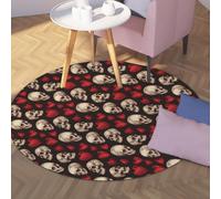 Via Vela Tapis Ronds de Style Nostalgie 80cm Imprimé tête de Mort et Coeur Rouge Lavable Support antidérapant Jeté à Poils Ras Cercle Tapis pour Salle à Manger Chambre d’Amis