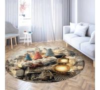 Via Vela Tapis Ronds du Village de Neige de Noël 80cm Train Vintage Petit Nain Mignon Lavable Tapis Circulaire à Poil Bas pour extérieur et intérieur