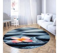 Via Vela Tapis Ronds élégants 150cm Fleurs de Frangipani Motif Pierres Noires Tapis Circulaire Lavable antidérapant à Poil Bas et Anti-détache pour Chambre de bébé