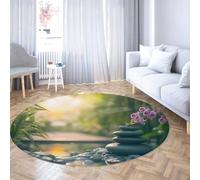 Via Vela Tapis Ronds lavables à la Machine Spa Design 200cm Paysage en Pierre Noire empilée d’orchidées antidérapant au Sol à Poils Bas Tapis Circulaire Circulaire pour Salle de conférence