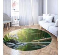 Via Vela Tapis Ronds lavables à la Machine Wabi-Sabi 160cm Pierres empilées orchidées Motif forêt de bambous Moquette antidérapante à Poils Bas Cercle Fin pour Chambre