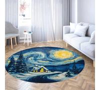 Via Vela Tapis Ronds Style Nuit étoilée 200cm Winter Snowscape Village antidérapant à la Machine Tapis Fin à Poil Bas Lavable pour Salon Chambre dortoir