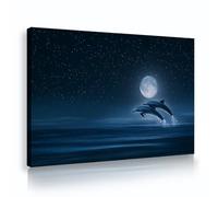 Via Vela Toile de paysage nocturne océanique Art mural Dauphin Saut au clair de lune Poster de vie marine moderne Peintures imprimées pour la décoration de la chambre 20x30cm
