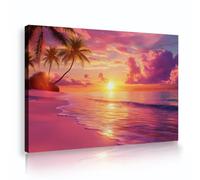 Via Vela Toile rose du coucher de soleil Art mural Plage Images de l’océan pour le salon Ciel violet Peinture de palmiers Décoration moderne de la maison Fresque Paysages naturels 20x30cm