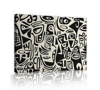 Via Vela Visages abstraits en noir et blanc Toile Art mural Style tribal Yeux expressifs Lèvres Affiches encadrées géométriques Fresque Imprimé pour décor de bureau 75x100cm
