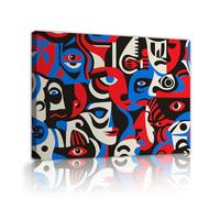 Via Vela Visages géométriques abstraits Toile Art mural Couleurs rouges bleu et noir motifs Affiches encadrées Peinture murale d’art moderne pour décoration de dortoir 75x100cm