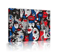 Via Vela Visages Toile Art mural Rouge bleu motifs géométriques noirs et blancs yeux et lèvres affiche d’art moderne fresque pour la décoration du salon 75x100cm