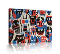 Via Vela Visages tribaux abstraits sur toile Art mural sur toile rouge bleu et noir Affiches géométriques vintage ludiques Murales imprimées pour la déco du salon et de la chambre 60x80cm