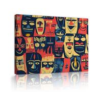 Via Vela Visages tribaux abstraits Toile Art mural Rouge bleu jaune motifs géométriques expressifs affiche vintage fresque pour décoration de chambre 80x100cm