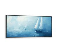 Via Vela voilier grande toile art mural côtier océan nautique peinture moderne bleu paysage marin oeuvre impressions affiches pour salle de conférence décor 50x126cm avec cadre noir