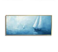 Via Vela voilier grande toile art mural côtier océan nautique peinture moderne paysage marin bleu oeuvre impressions affiches pour salle de conférence décor 50x126cm avec cadre doré