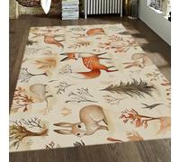 Via Vela Watercolor Tapis 120x150cm Thin Lavable carpette Retro Fox Rabbit and Deer Patterns antiderapant Backing Descente de lit pour Salon Chambre Cuisine Floor Moderne Neutral Easy Clean Bas Poil