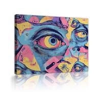 Via Vela Yeux et visages abstraits Toile Art mural Affiches encadrées bleu rose et jaune fresques murales uniques pour la décoration de bureau à domicile 75x100cm