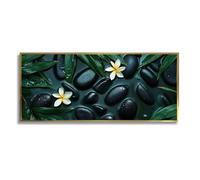 Via Vela Zen Spa Hôtel Grande Toile Art Mural Feuilles Vertes Pierres Noires Plumeria Fleurs Impressions Peinture Moderne Pour Appartement Yoga Salle Décor 40x101cm Avec Cadre Doré
