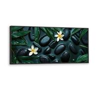 Via Vela Zen Spa Hôtel Grande Toile Art Mural Feuilles Vertes Pierres Noires Plumeria Fleurs Impressions Peinture Moderne Pour Appartement Salle de Yoga Décor 60x145cm avec Cadre Noir