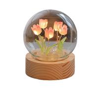ViaGasaFamido DIY Tulipe Veilleuse Fleur Boule de Cristal Veilleuse Boule de Verre Lampe de Nuit avec Base en Bois Chambre Lampe de Couchage Lampe de Décoration pour Bureau Ornement Cadeaux